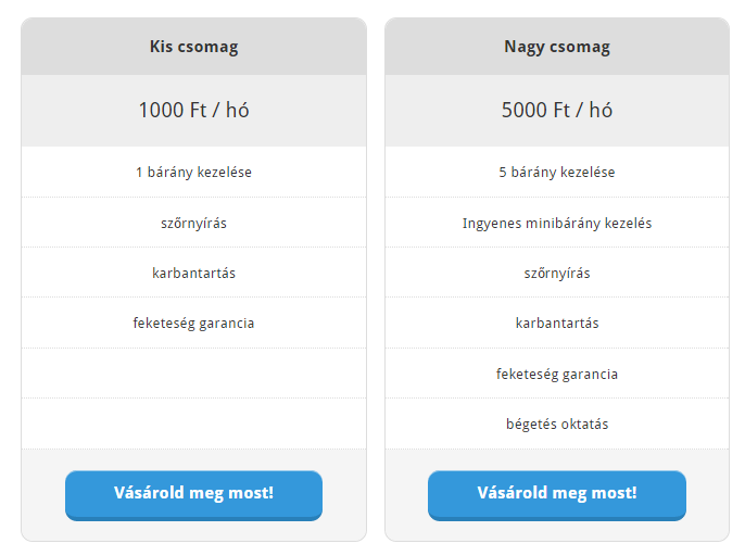 csomagár táblázat